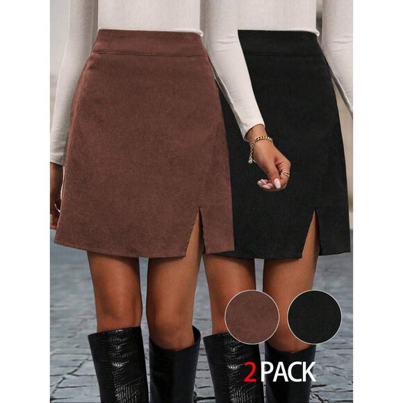 2 pack mini skirts small slit high waisted corduroy brown & black - Picture 1 of 4